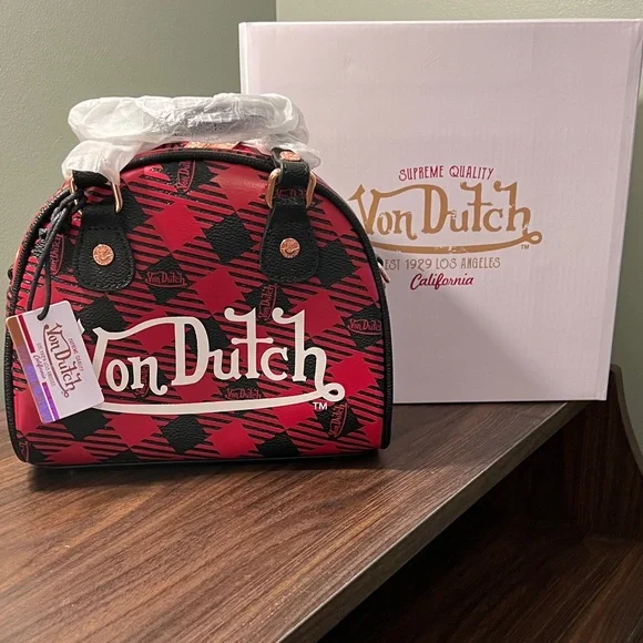 Von Dutch Red and Black Plaid Mini Dome Bag - Picture 2 of 7
